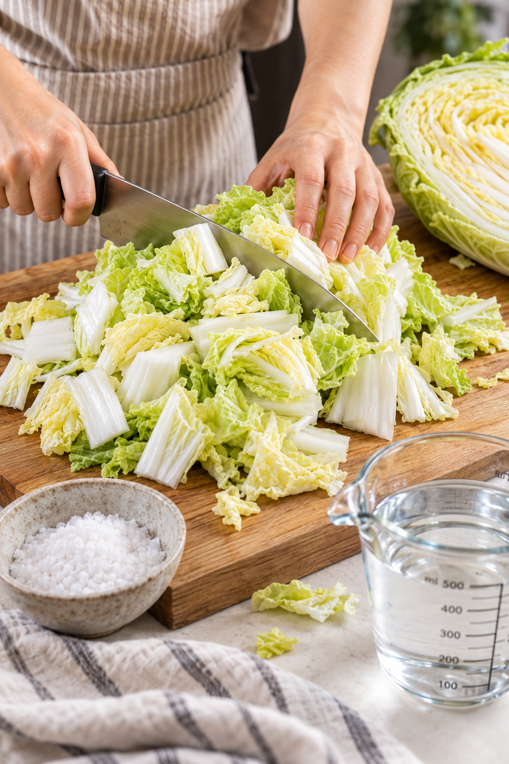 Cutting wombok into bite-sized pieces