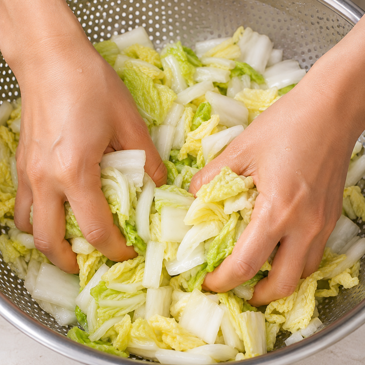 Rinsing and squeezing the brined wombok